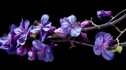 Fototapeta na wymiar Tropical vibes plant bush floral arrangement with tropical leaves purple orchids tropical flower decor on tree branch liana vine plant. Generative Ai