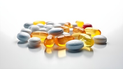 Assortment of pharmaceutical medicine vitamins, pills, softgel isolated on white background studio shot.
