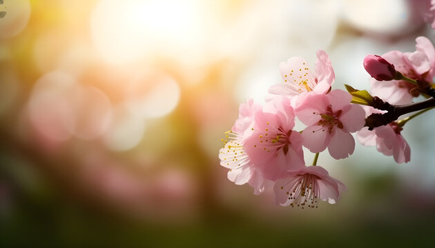 Sakura flowers or Cherry blossoms in full bloom on a pink background and backdrop, copy space for text, good as banner and wallpaper, season greetings, and other design material.