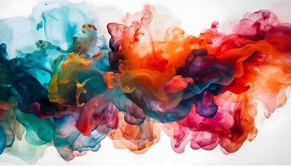 Colorful alcohol ink mixing texture. Fluid ink mix abstract background in liquid. Multicolor ink isolated on white background dissolving in water.