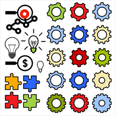 Idea, gears, light bulb Icon set in flat design, business chat, flat line-art, vector Illustration