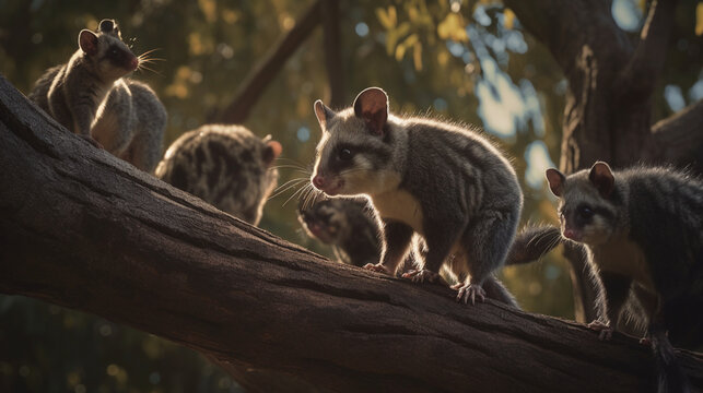  A group of possums scurrying along the branches Generative AI 