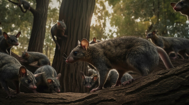  A group of possums scurrying along the branches Generative AI 
