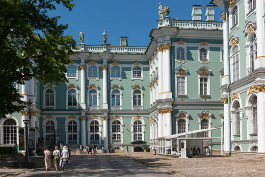 One of the main attractions of St. Petersburg is the Hermitage, the Winter Palace. Fragment of the facade on summer day