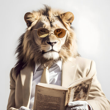 Le&oacute;n usando un esmoquin elegante y gafas, leyendo un libro