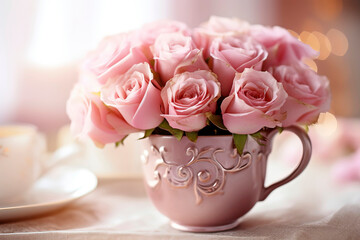 Close-up of a dainty tea cup filled with fragrant roses. 