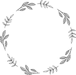 Wreath of  doodle hand drawn flowers and leaves or circle floral frame border for wedding invitation, engagement, and greeting card