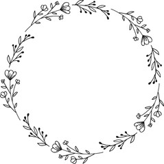 Wreath of  doodle hand drawn flowers and leaves or circle floral frame border for wedding invitation, engagement, and greeting card