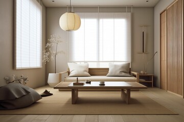 Fototapeta na wymiar japanese style living room, with minimalist design and subtle touches of color, created with generative ai