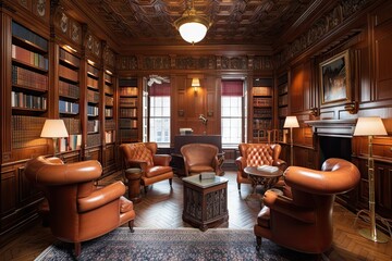 wood-paneled library, filled with books and stately leather armchairs, created with generative ai