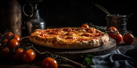 Obraz na płótnie Canvas AI Generative. AI Generated. Photo realistic illustration of tasty italian pizza family dinner. Graphic Art