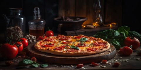 Obraz na płótnie Canvas AI Generative. AI Generated. Photo realistic illustration of tasty italian pizza family dinner. Graphic Art