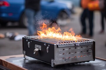close-up of portable grill, with flames and smoke visible, created with generative ai