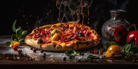 Fototapeta na wymiar AI Generative. AI Generated. Photo realistic illustration of tasty italian pizza family dinner. Graphic Art