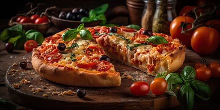 AI Generative. AI Generated. Photo realistic illustration of tasty italian pizza family dinner. Graphic Art