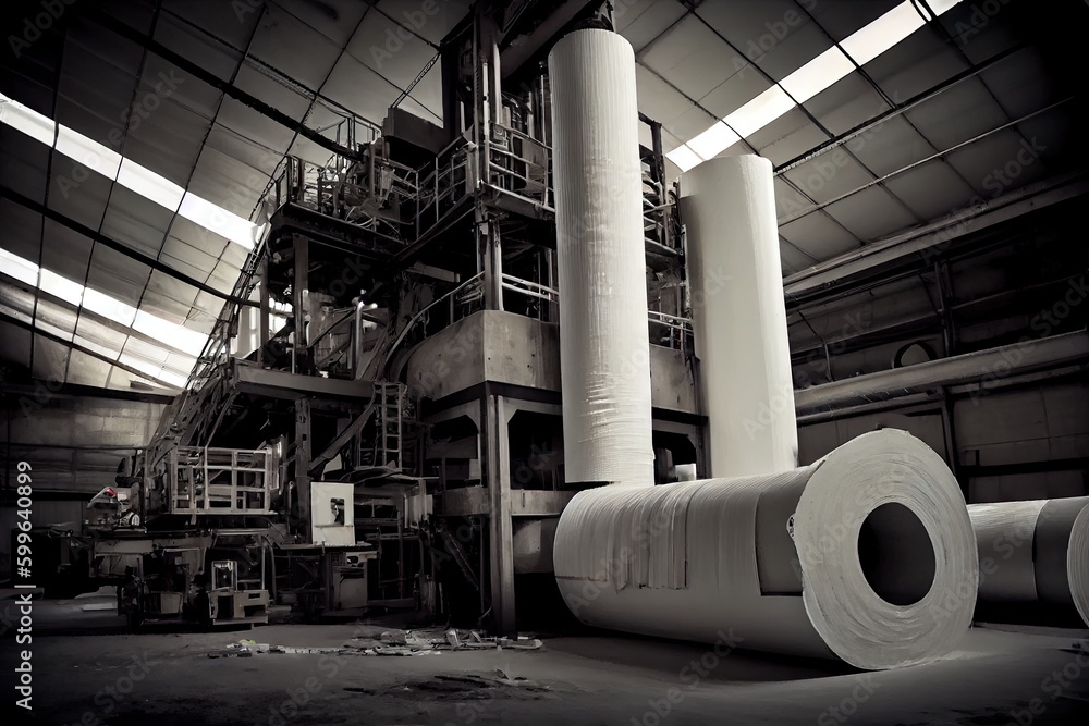 Sticker pulp and paper mill, with columns of freshly bleached paper rolling off the production line, created with generative ai