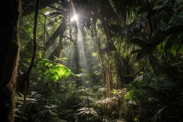 Fototapeta premium jungle canopy, with sunbeams shining through the leaves, created with generative ai