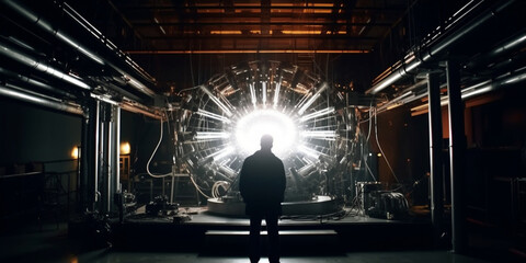 Experiment vor riesiger Energie Maschine der Zukunft (Reaktor) - obrazy, fototapety, plakaty