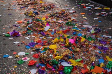 Fototapeta na wymiar confetti mix of colors and shapes covering the streets during mardi gras, created with generative ai
