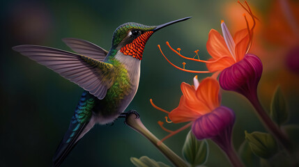 Fototapeta premium Hummingbird flies near red flowers. AI Generative