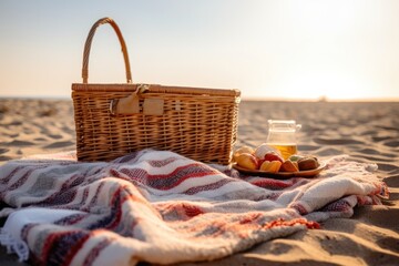 picnic blanket and basket on the beach under a warm, sunny sky, created with generative ai