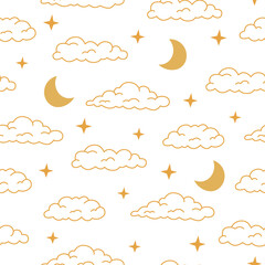 Boho celestial seamless pattern with line art cloud, moon and star. Yellow colors universe surface design