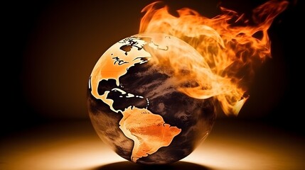 Illustration of the earth world globe on fire or burning increasing the temperature. Climate change, burning earth global warming concept. Generative AI technology.