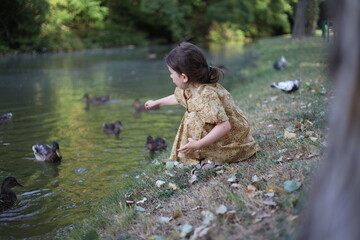 Little baby girl feeds ducks in park near the lake 