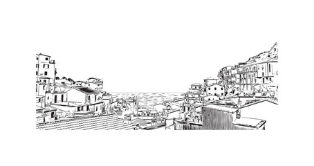 Building view with landmark of  Riviera Maya is a tourism and resort in Mexico. Hand drawn sketch illustration in vector.