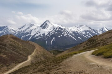 Fototapeta premium view of snowy peaks with rugged terrain from winding mountain road, created with generative ai