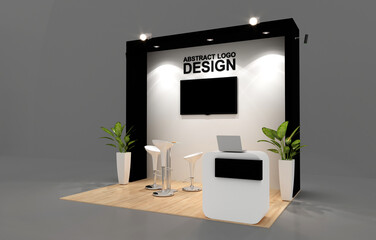Empty stand or booth in a tradeshow. 3d render exhibition mockup. Virtual exhibition. Exhibition stand mockup and flat used for branding and Corporate identity.