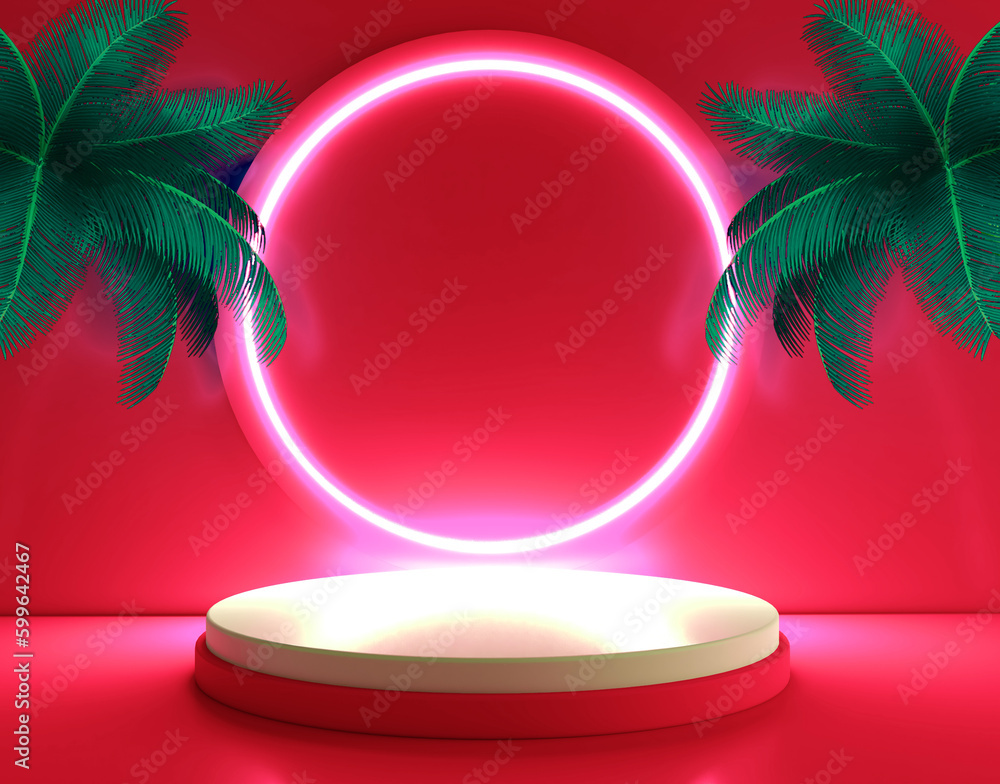 Poster 3d stage podium mockup on red background with palm tree leaves for food and product placement in tro
