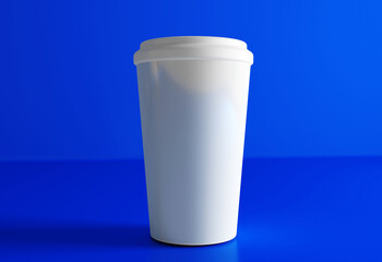 Small paper coffee cup with lid isolated on blue background, front view. Takeaway coffee package mock up. 3d rendering.