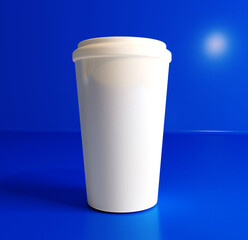 Small paper coffee cup with lid isolated on blue background, front view. Takeaway coffee package mock up. 3d rendering.