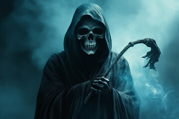 A grim reaper in horrible background with mist Generative AI