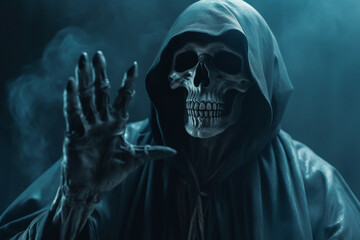 Fototapeta na wymiar A grim reaper holding out his hand in horrible background with mist Generative AI