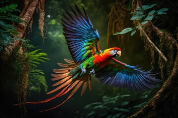 parrot jumping from tree branch to tree branch in jungle, created with generative ai