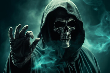 A grim reaper holding out his hand in horrible background with mist Generative AI