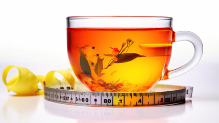 Weight loss concept. Cup of tea and measuring tape isolated on white. AI Generative