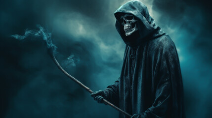 A grim reaper holding out his hand in horrible background with mist Generative AI - obrazy, fototapety, plakaty
