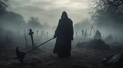 A grim reaper in horrible background with mist Generative AI