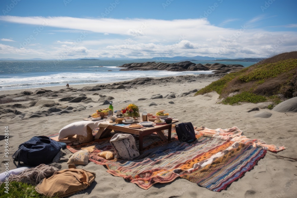 Wall mural picnic on beach with view of the ocean, wind in hair and warm sun, created with generative ai