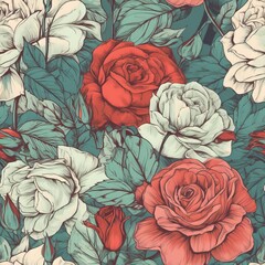 seamless pattern of a bunch of red and white roses on a green background