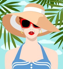 1378_Beatiful woman wearing large sun hat, sunglasses and fashionable summer dress
