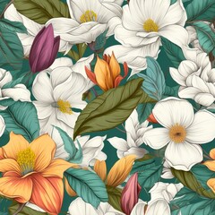 seamless background of a bunch of white and orange flowers on a green background