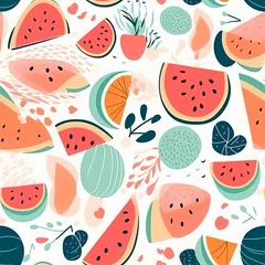 Muurstickers seamless pattern of a bunch of watermelon slices on a white background © PixelHub