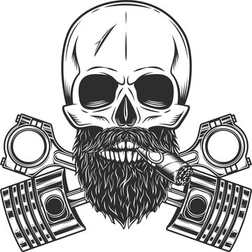 Biker skull with beard and mustache smoking cigar or cigarette and crossed engine pistons service repair motorcycle, car and truck business in vintage monochrome isolated illustration