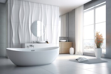 A luxurious home bathroom, with a bathtub, window and stylish interior - the epitome of domestic wealth.