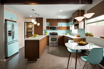 mid-century modern kitchen, with sleek design and streamlined layout, created with generative ai