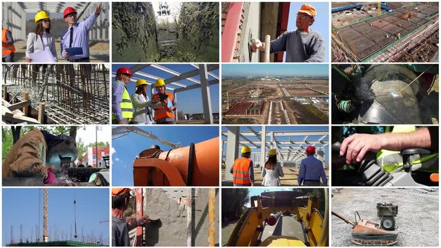 Construction Industry Employment. Large Construction Site with Tower Cranes, Machinery and Builders at Work. Construction Project Management Team at Building Site.